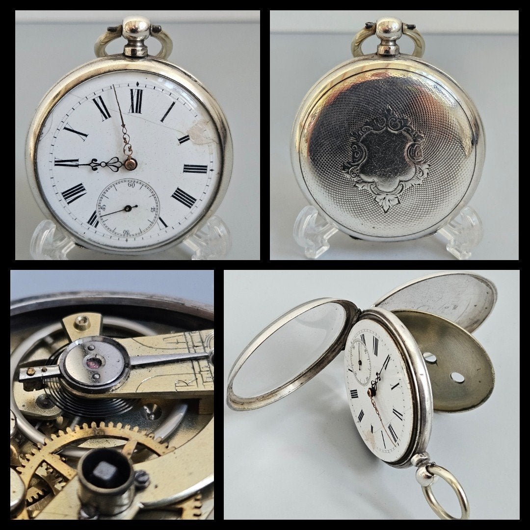 Antiek zilver,  heren zakhorloge met sleutelopwinding., Antiek en Kunst, Ophalen of Verzenden, Zilver