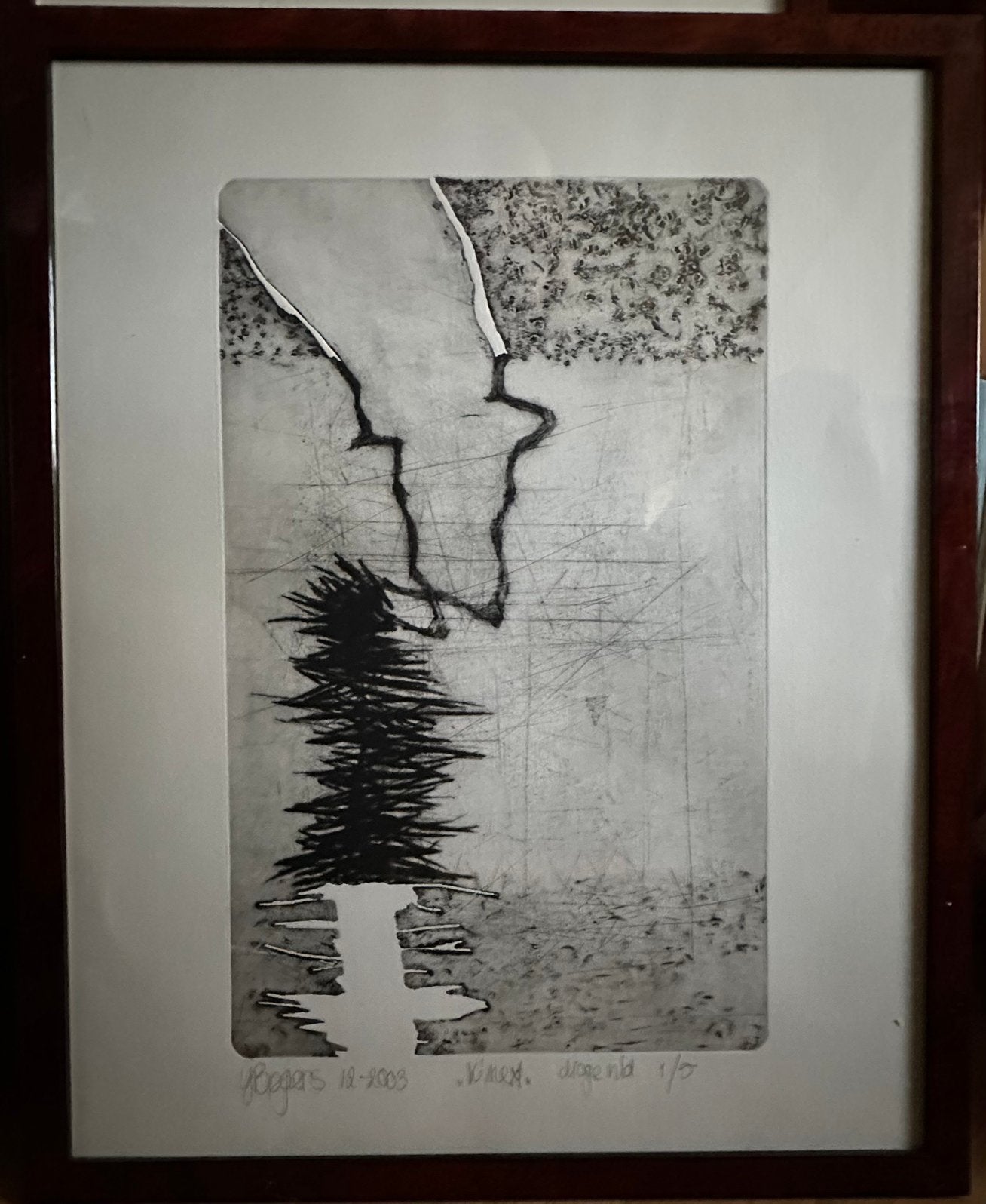 Lijnets in mahonie houten lijst, Antiek en Kunst, Kunst | Etsen en Gravures, 2000 tot heden, Dagelijks leven, Ets, Origineel
