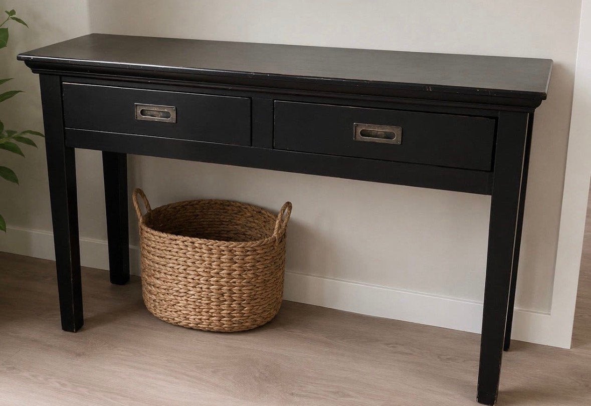 Zwarte console tafel met twee lades, Ophalen, Gebruikt, 100 tot 150 cm, 25 tot 50 cm