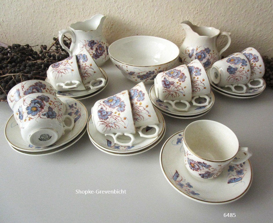 Vintage theeservies met korenbloemmotief - 14-delig, Antiek en Kunst, Ophalen of Verzenden