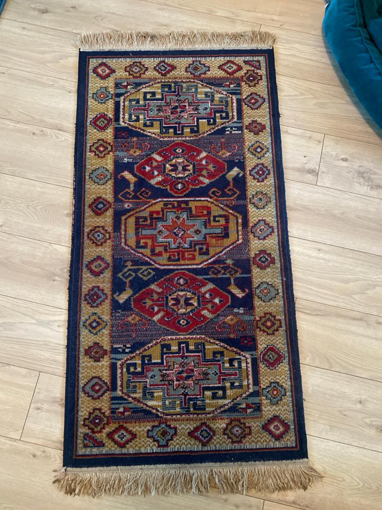 Kleed 70x140 cm warme kleuren franje loper, Gebruikt, 100 tot 150 cm, Bruin, Rechthoekig