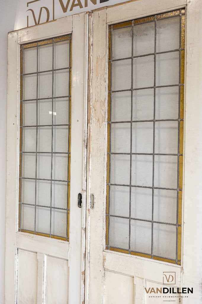 Hoge antieke ensuite schuifdeuren met glas in lood, 120 cm of meer, Binnendeur, Ophalen of Verzenden, Zo goed als nieuw