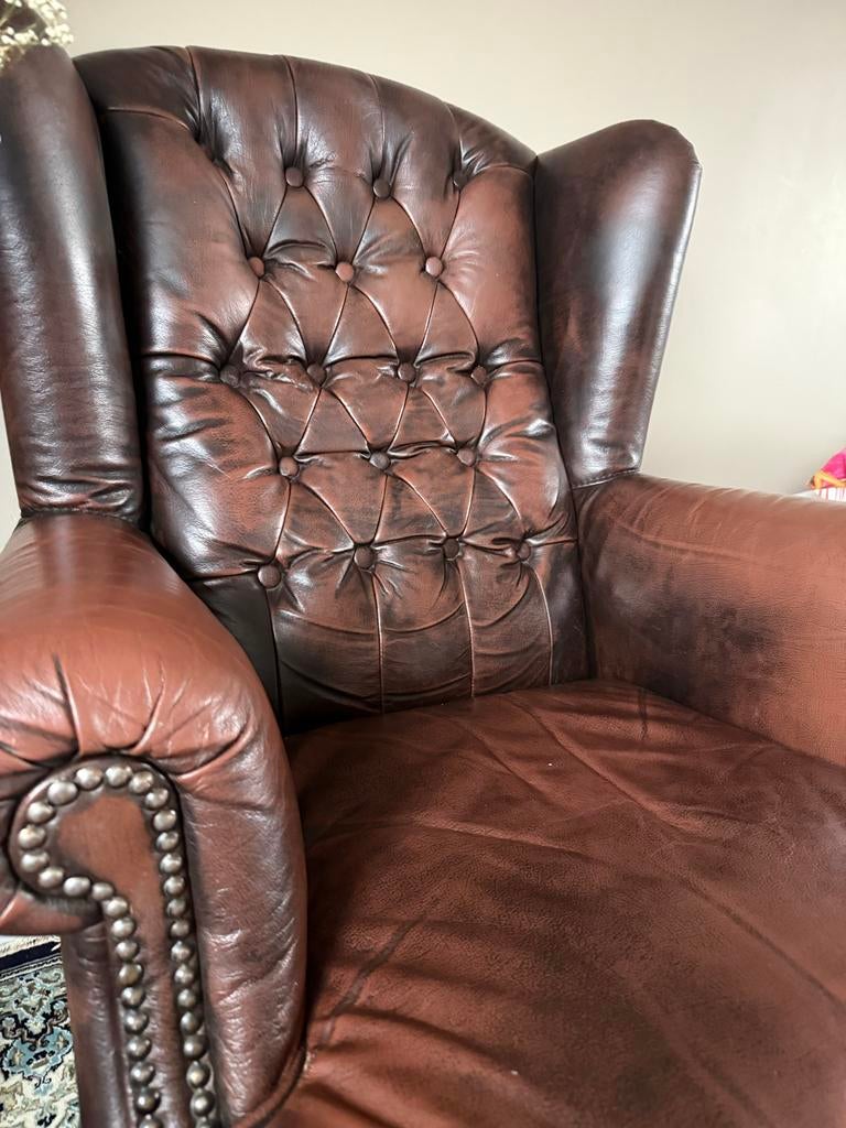 Chesterfield fauteuil - Bruin leer, Ophalen, Gebruikt, Leer, 75 tot 100 cm