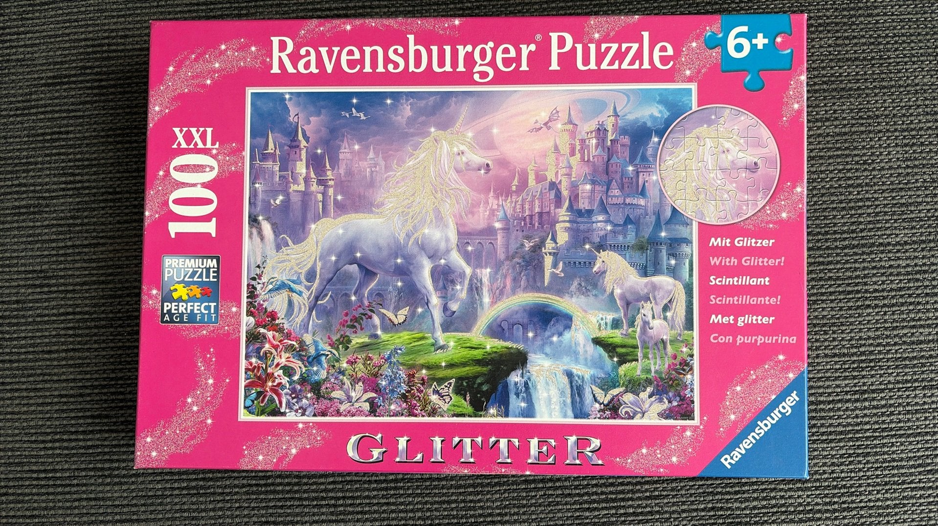 Ravensburger Eenhoorn Glitter Puzzel 100 stukjes (6+), Ophalen of Verzenden, Zo goed als nieuw, 6 jaar of ouder