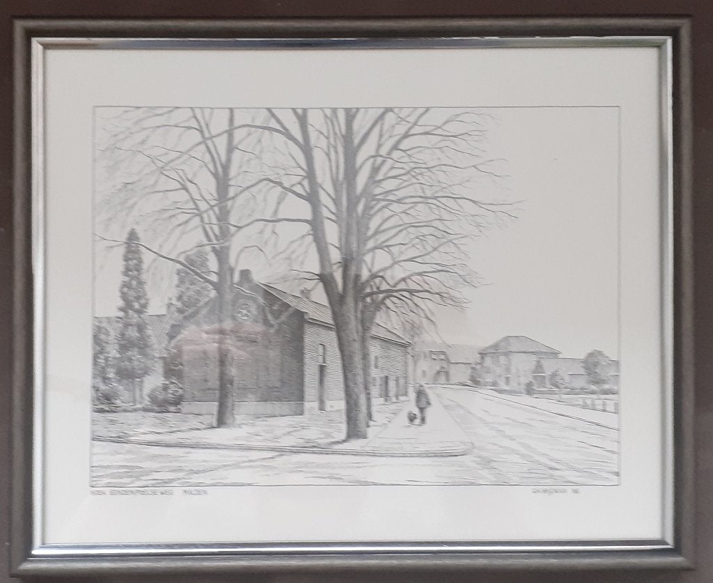Tekening Ets Gravure Oude school (de Muse) Malden, Ophalen of Verzenden, Ingelijst