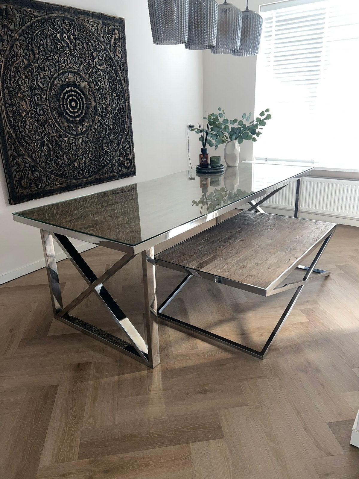 Te Koop Eettafel en Salonrafel Richmond, Huis en Inrichting, Tafels | Salontafels, Ophalen, 50 tot 100 cm, Rechthoekig, Glas