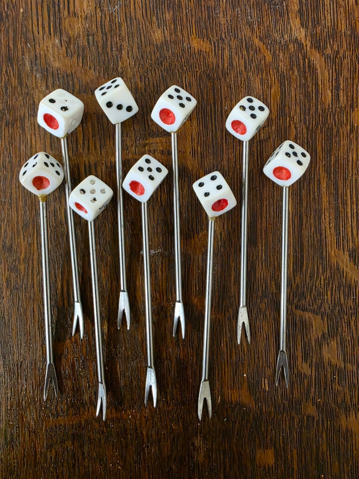Vintage cocktailvorkjes met dobbelstenen – set van 9, Verzamelen, Ophalen of Verzenden, Huis en Inrichting