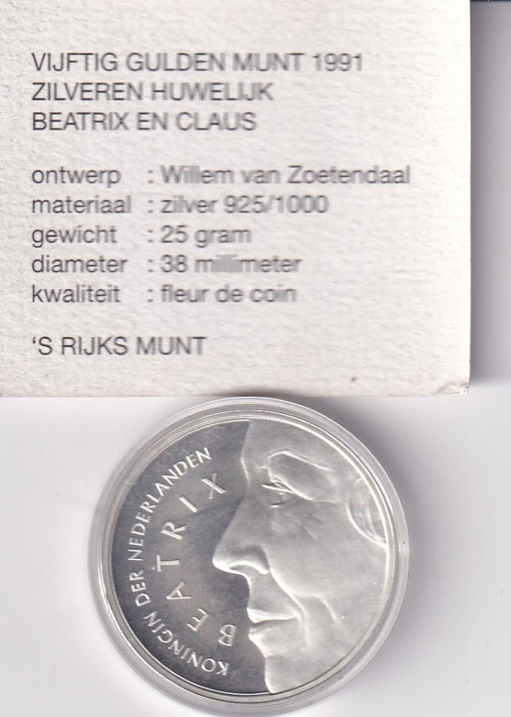 50 Gulden 1991 FDC met kaartje in Doosje, Verzenden, Koningin Beatrix, Zilver, Losse munt