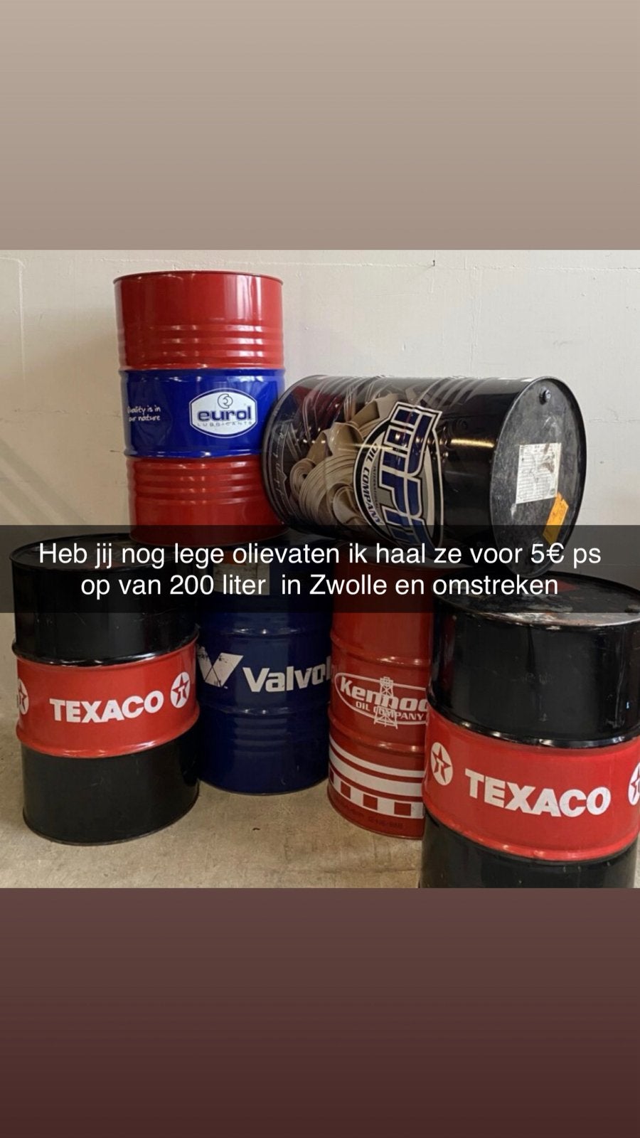 Lege olievaten van 200 l gezocht, Ophalen of Verzenden, Zo goed als nieuw