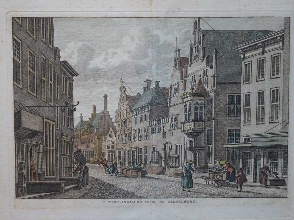 Gravure kleur WIC West-Indisch huis Middelburg, Bendorp 1793, Antiek en Kunst, Stadsgezicht, Ophalen of Verzenden, Gravure, Origineel