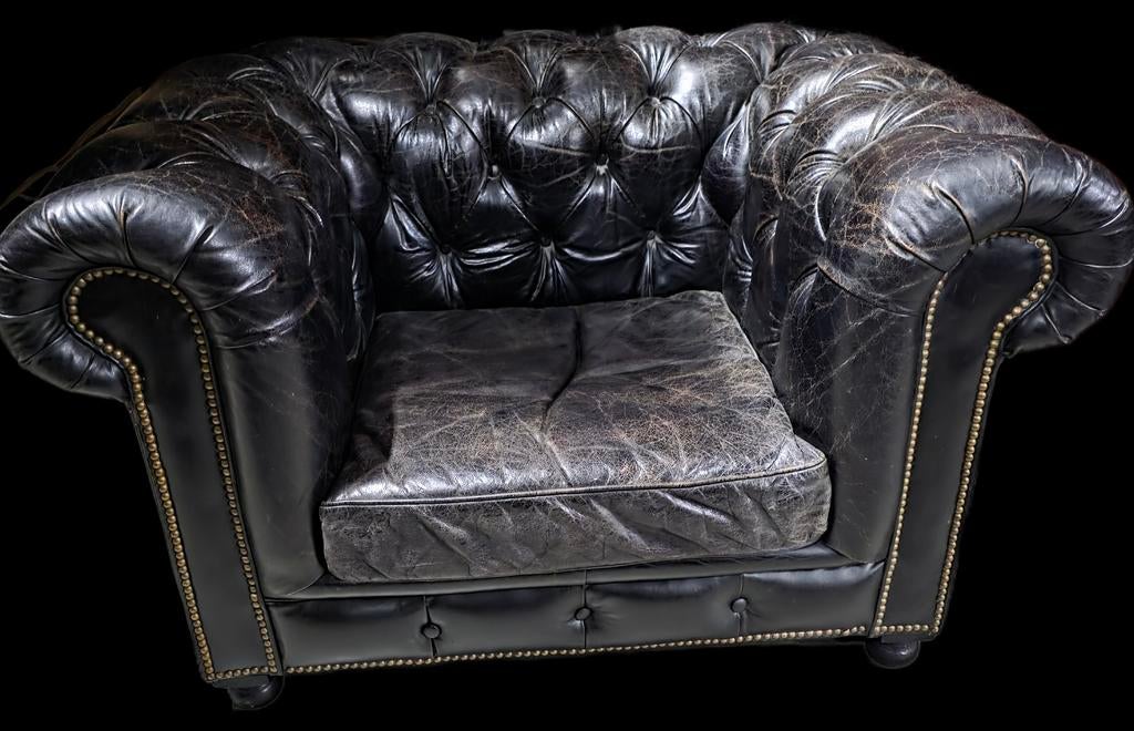 Chesterfield XL fauteuil vintage zwart leer + BEZORGING, Gebruikt, ., Chesterfield, Ophalen of Verzenden
