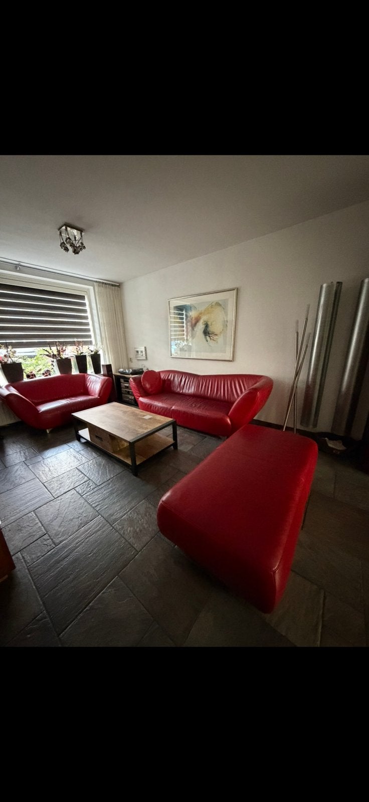 Lederen design bankstel 3zits, loveseat en hocker, Ophalen, Zo goed als nieuw