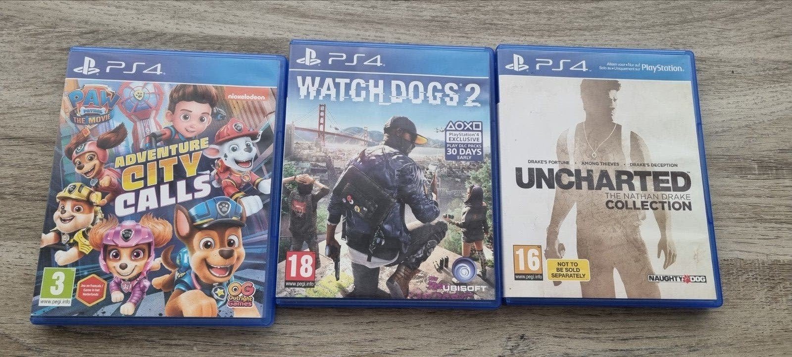 PS4 Games: Paw Patrol, Watch Dogs 2, Uncharted Collection, Spelcomputers en Games, Online, Gebruikt, 1 speler, Vanaf 3 jaar