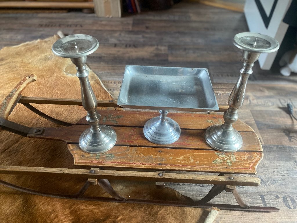 3 delige set oa kandelaars en etagere/plateau verzilverd, Gebruikt, Overige typen, Ophalen of Verzenden, Metaal