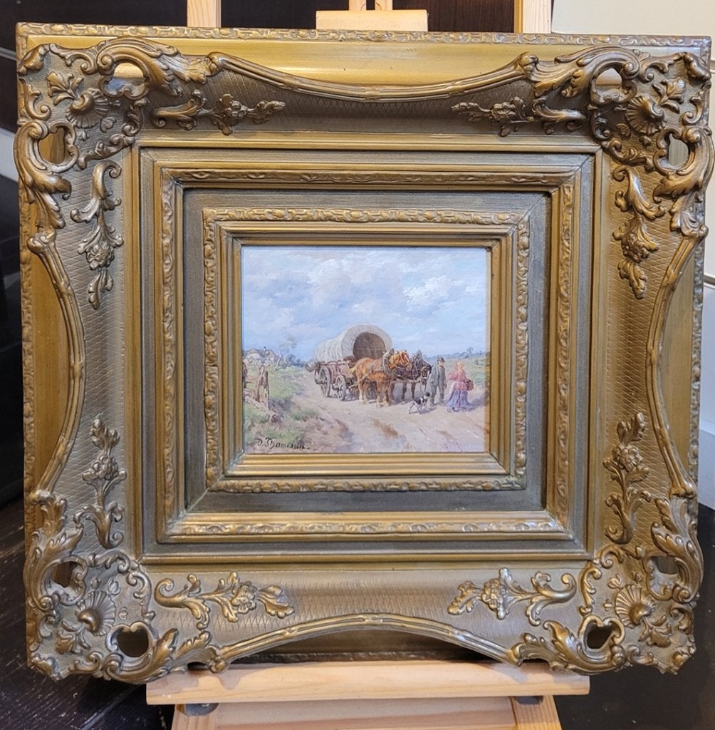 Désiré THOMASSIN, met paard en kar, Antiek en Kunst, Ophalen of Verzenden, Origineel werk, Olieverf, Paneel
