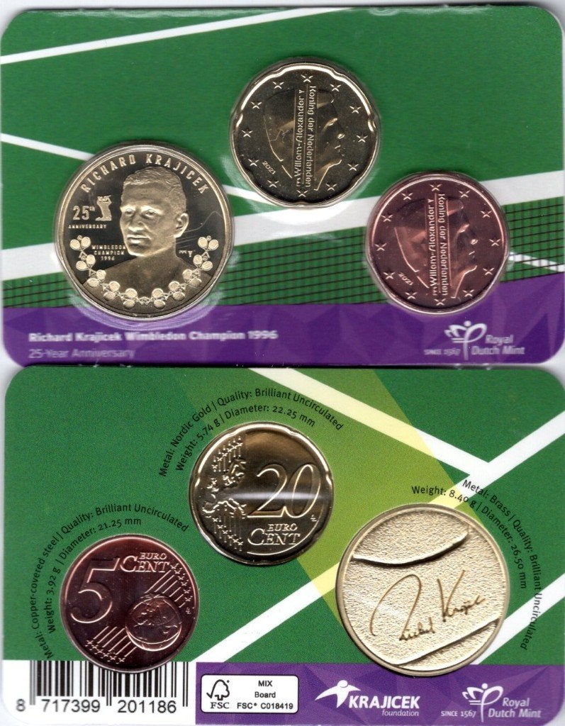 5 + 20 Eurocent Nederland 2021 - Richard Krajicek Coincard, Postzegels en Munten, Verzenden, Overige landen, Overige waardes, Setje