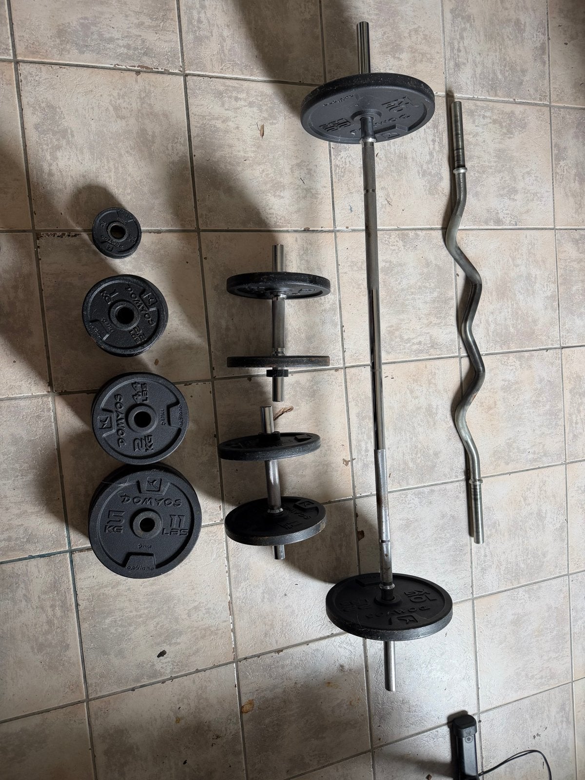 Krachttraining set: bank, halters, stangen en gewichten, Ophalen, Gebruikt, Armen, Fitnessbank