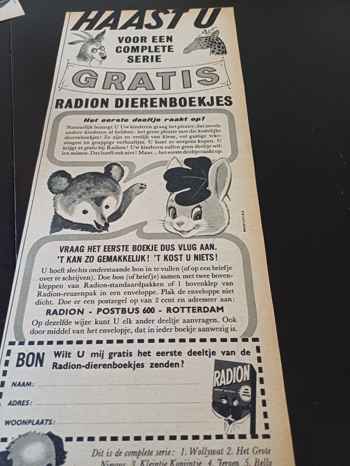 advertentie Radion dierenboekjes gratis 1956, Verzamelen, Ophalen of Verzenden, Zo goed als nieuw, Overige typen