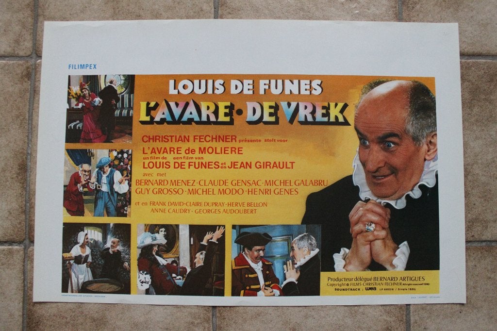filmaffiche Louis De Funes l'avare 1980 filmposter, Rechthoekig Liggend, Ophalen of Verzenden, Zo goed als nieuw, A1 t/m A3