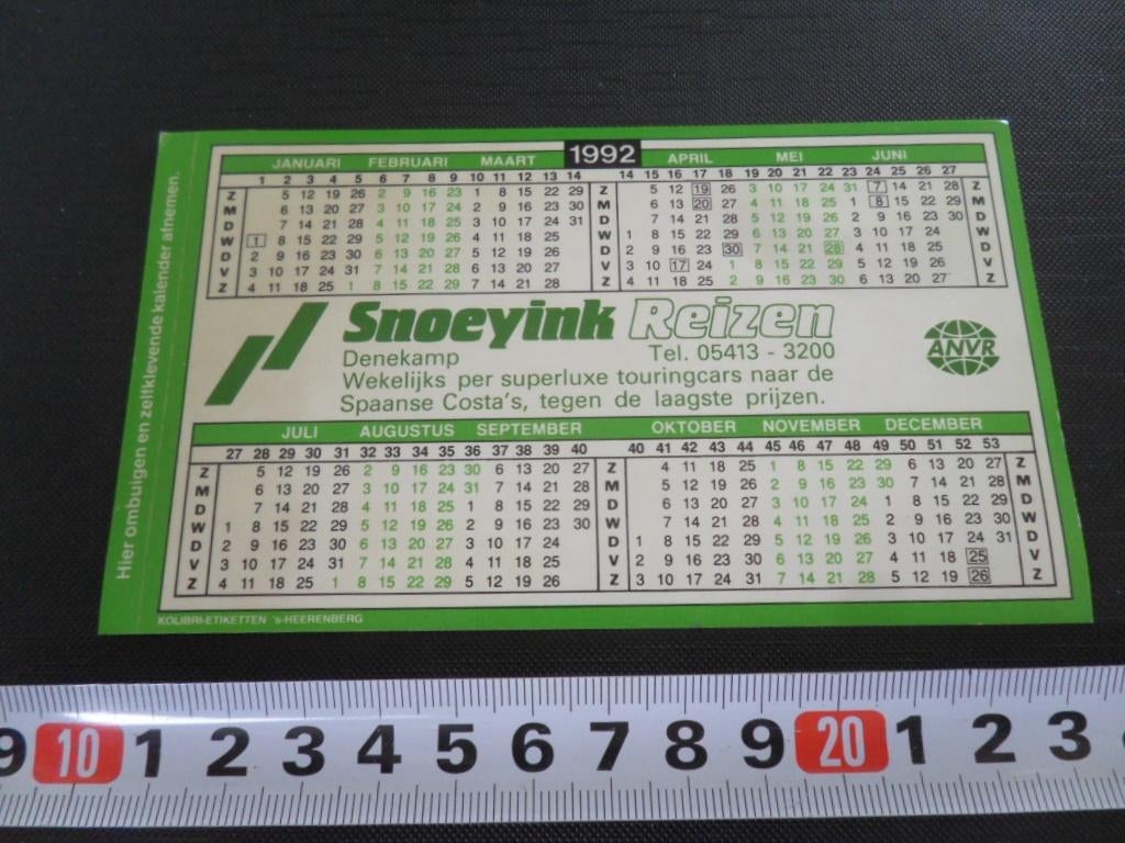 sticker Kalender 1992 Dennekamp SNOEYINK Reizen, Ophalen, Zo goed als nieuw