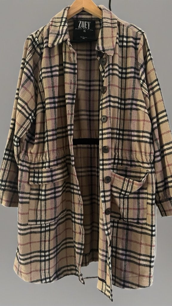 Zoey geruite jas/vest met trekkoord - Maat M, Ophalen of Verzenden, Gedragen, Maat 38/40 (M), Beige