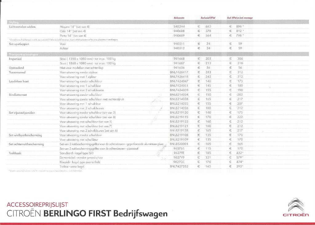 Accessoireprijslijst Citroën Berlingo First, juli 2009, Ophalen of Verzenden, Nieuw, Citroën