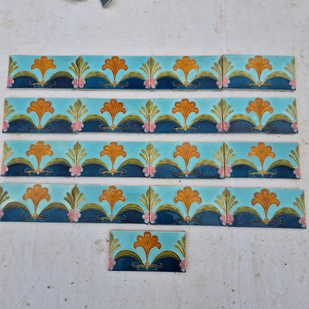 53 jugendstil randtegels 7,5x15cm prachtige kleuren, Ophalen