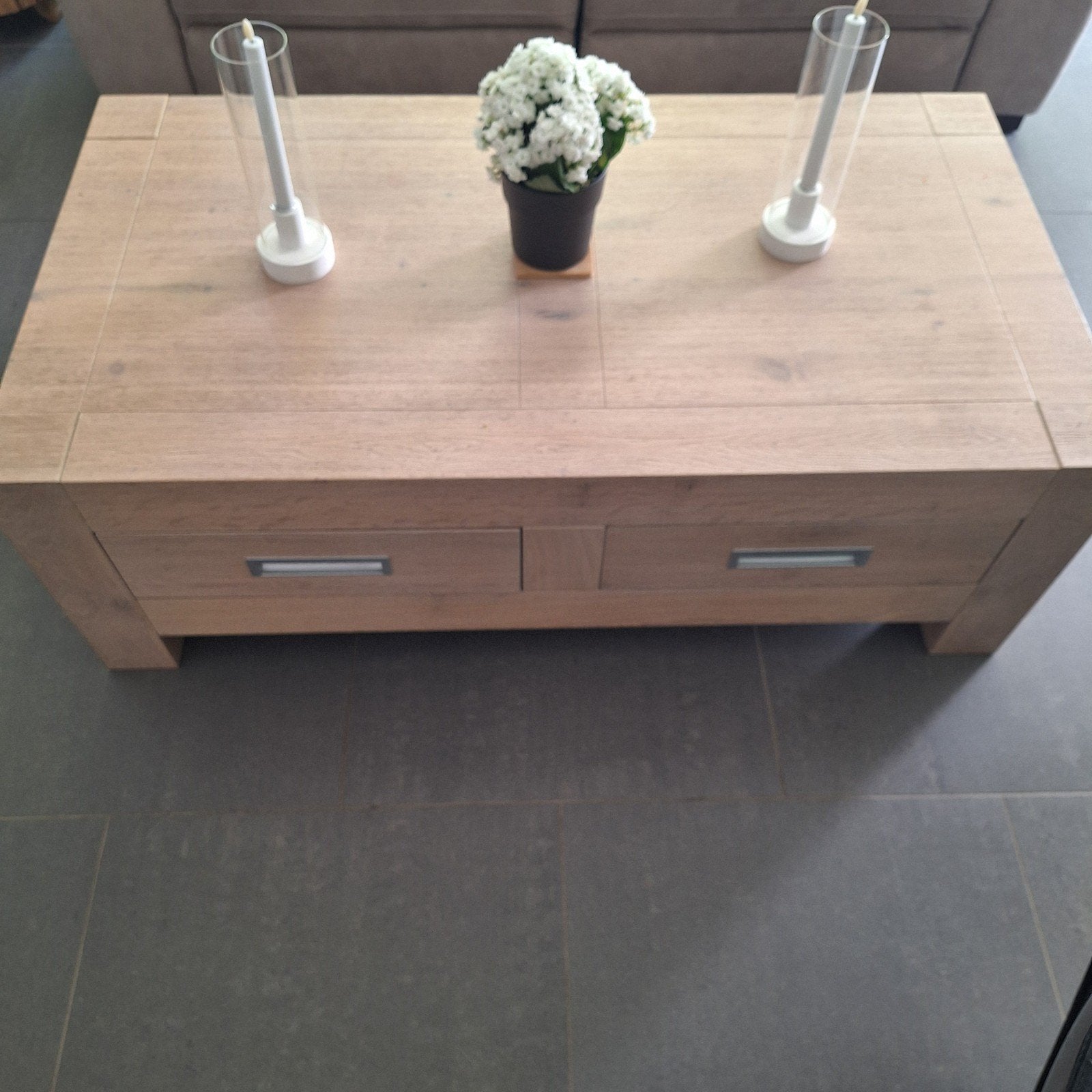 Robuuste salontafel met lades - Eikenhout, Ophalen, 100 tot 150 cm, Modern landelijk, 50 tot 100 cm