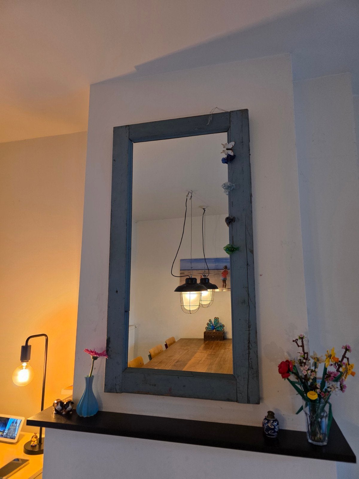 Grote spiegel met rustieke houten lijst (oud kozijn), Ophalen of Verzenden, Rechthoekig, 50 tot 100 cm, 150 tot 200 cm