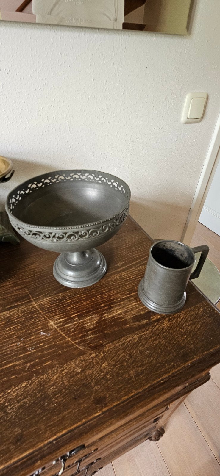 Antieke tinnen schaal en beker, Antiek en Kunst, Ophalen