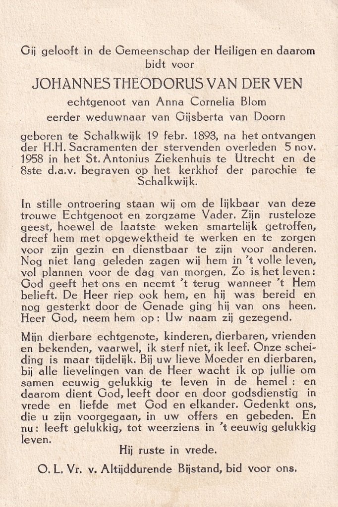 Ven Johannes 1893 Schalkwijk 1958 Utrecht, Ophalen of Verzenden, Bidprentje