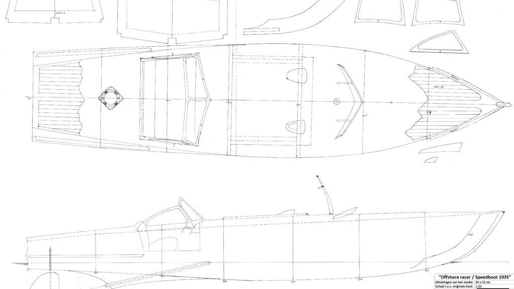 Bouwtekening van een offshore racer / speedboot, Ophalen of Verzenden