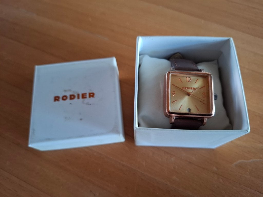 Rodier Dameshorloge Roosgoud Vierkant Bruin Leder, Overige merken, Staal, Verzenden, Polshorloge