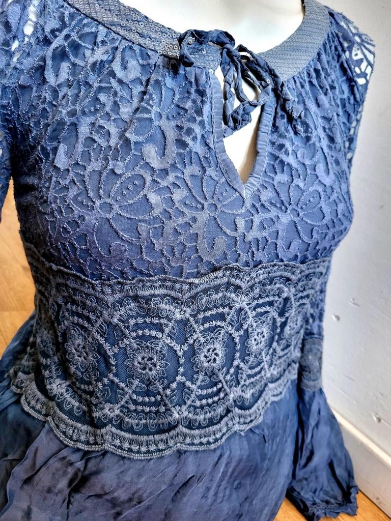 Prachtige vintage Boho-chic blouse met Zijde (Silk) Indigo, Blauw, Ophalen of Verzenden, Zo goed als nieuw, Vintage