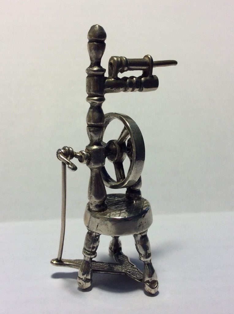 Zilveren miniatuur spinnenwiel, zilversmid Stout, Verzenden, Zilver