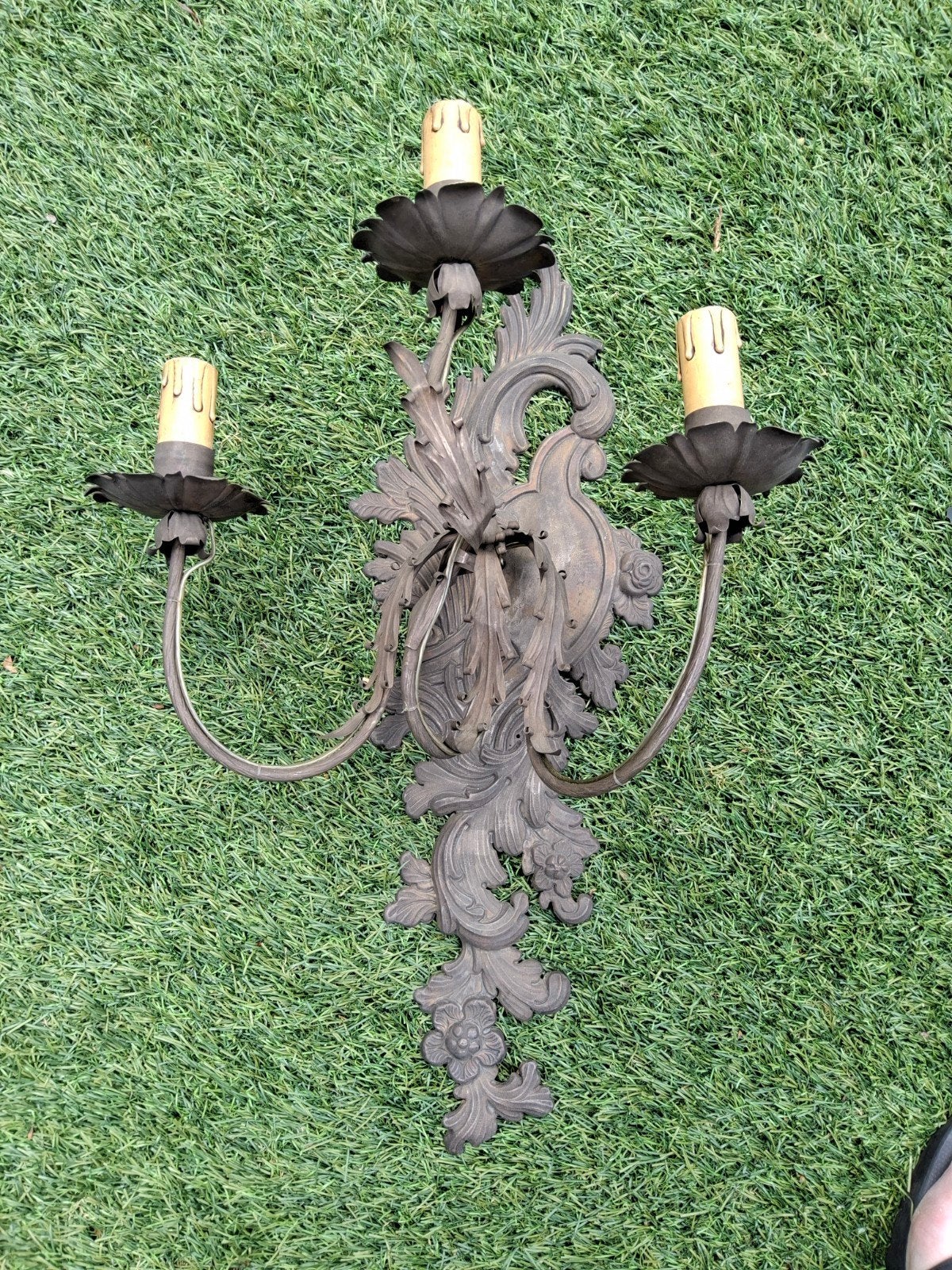 Antieke bronzen wandlamp met 3 lampjes, Antiek en Kunst, Ophalen of Verzenden