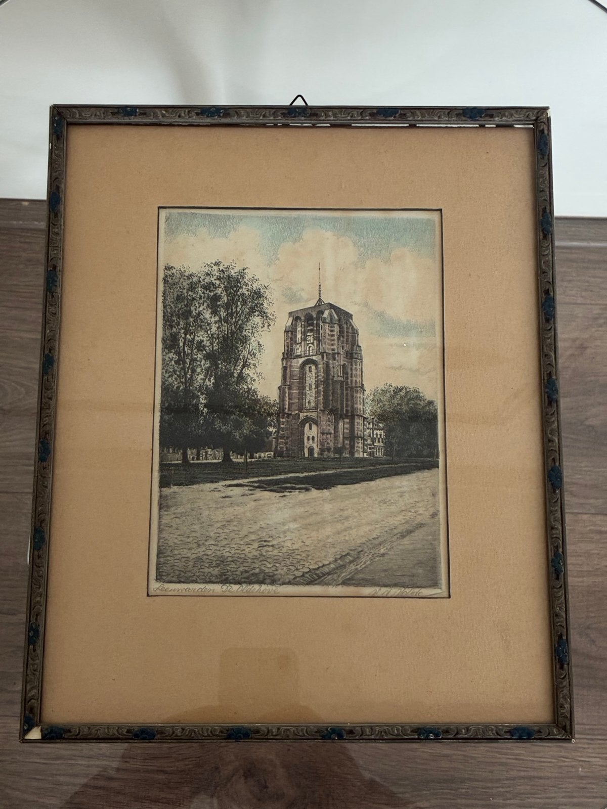 Oude ets/litho Oldehove-Leeuwarden, Ets, Stadsgezicht, Ophalen of Verzenden, Gesigneerd