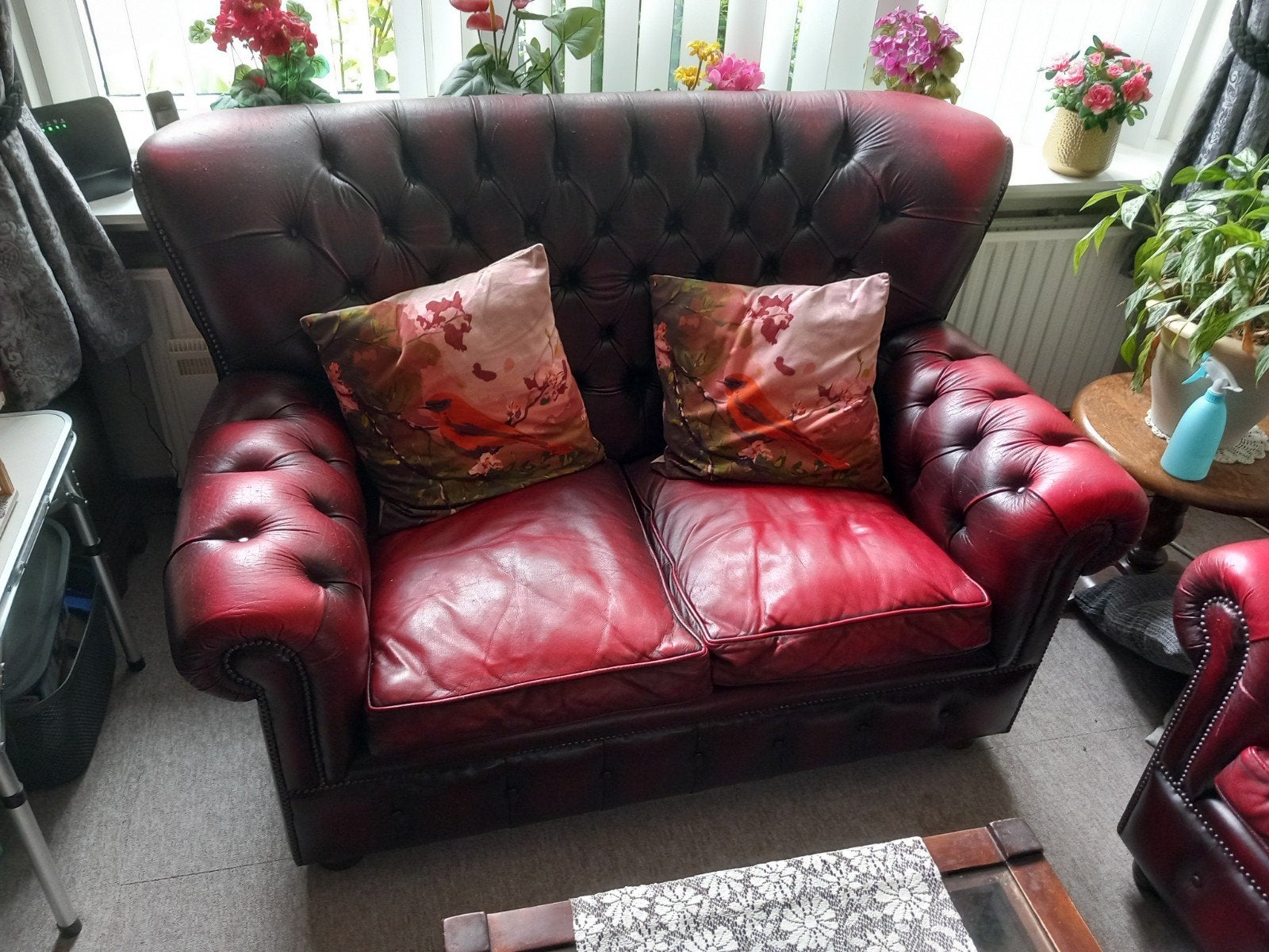 Chesterfield 2-zitsbank in rood leer, Ophalen, Gebruikt, 150 tot 200 cm, Tweepersoons