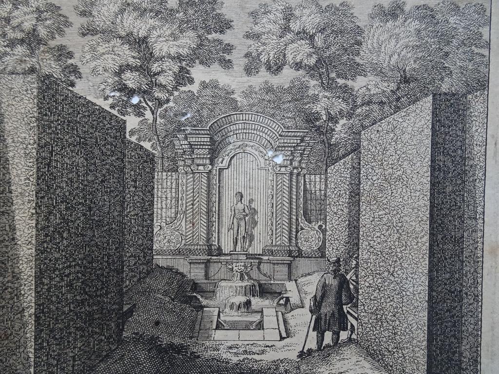 gravure tuin beeld met cascade en strakke heggen, P. Schenk, Verzenden, Gravure, Origineel, Landschap