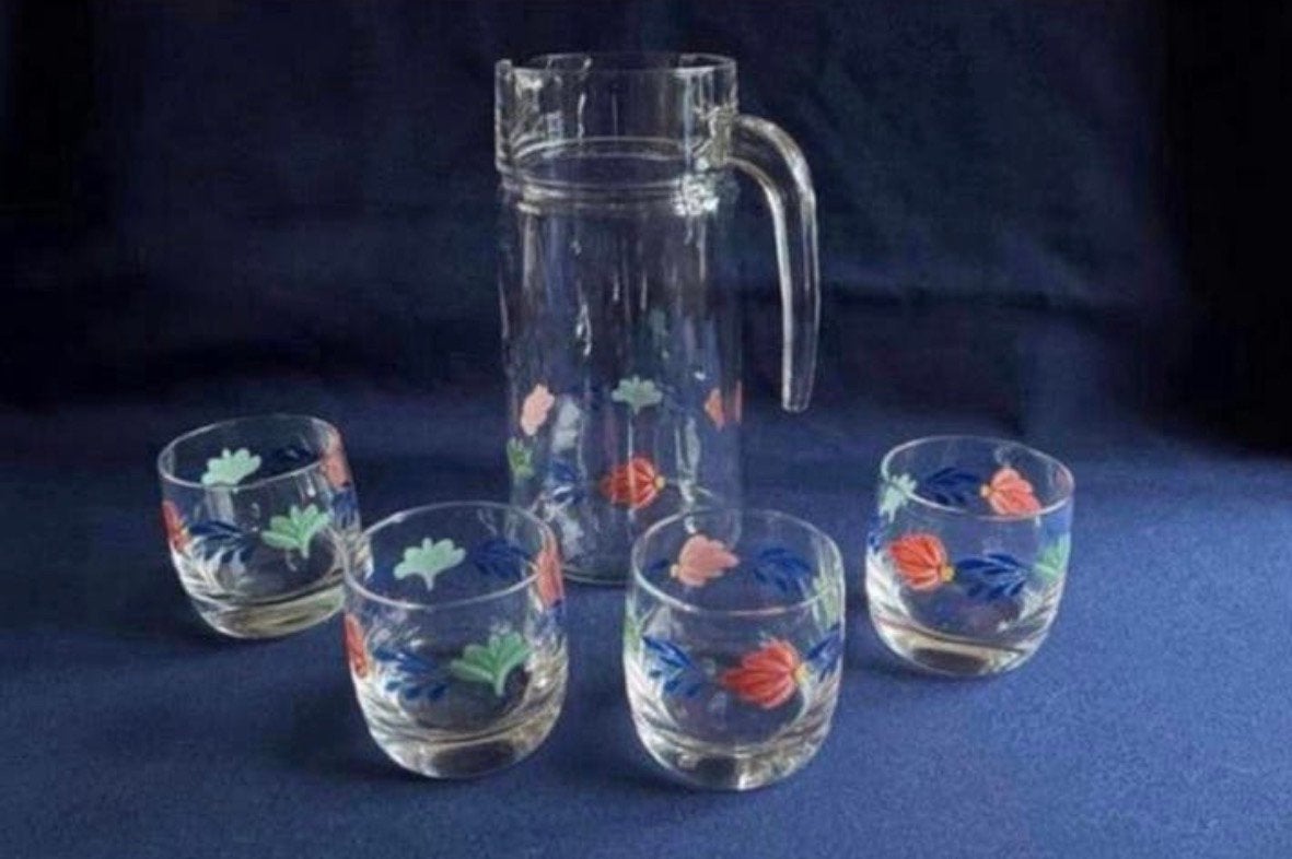Boerenbont sapglazen met kan, Ophalen of Verzenden, Zo goed als nieuw, Glas, Overige typen