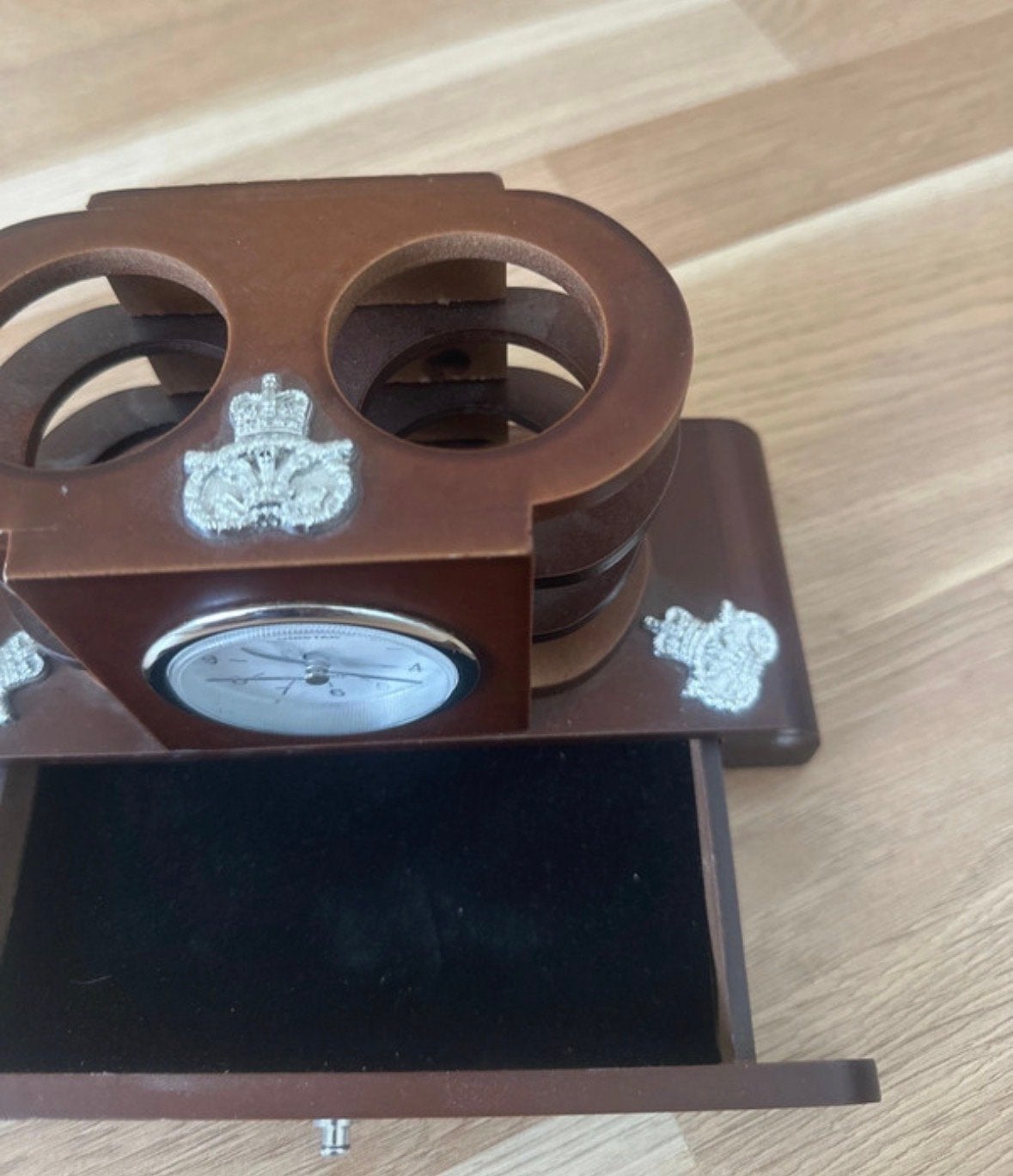 Houten onderzetters met klokje en lade, Hout, Gebruikt, Ophalen of Verzenden, Klassiek