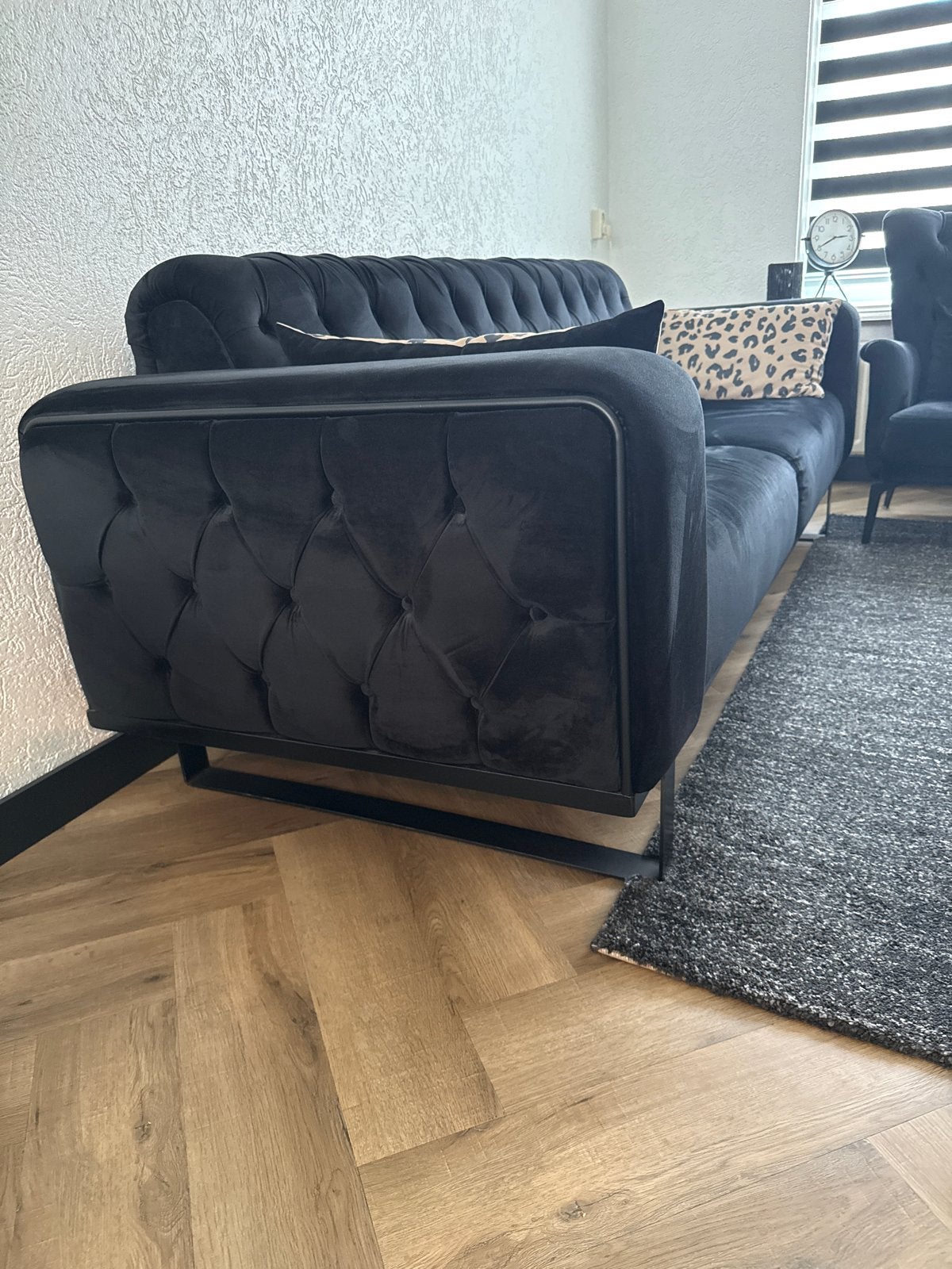 Zwarte fluwelen bank en fauteuils set, Ophalen of Verzenden, Zo goed als nieuw, Stof