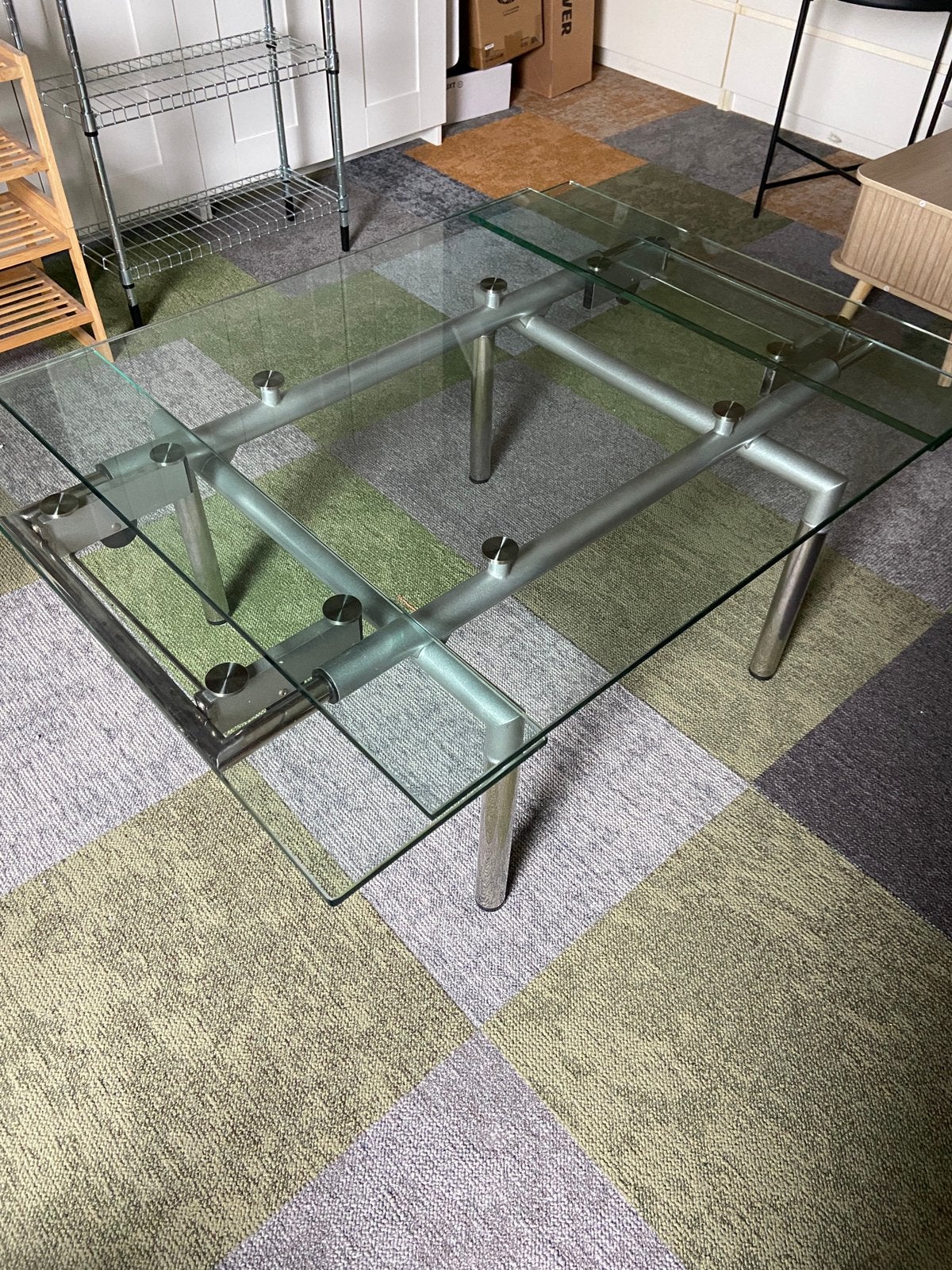 Vintage retro salontafel glas en chroom, Ophalen, 100 tot 150 cm, 50 tot 100 cm, Rechthoekig