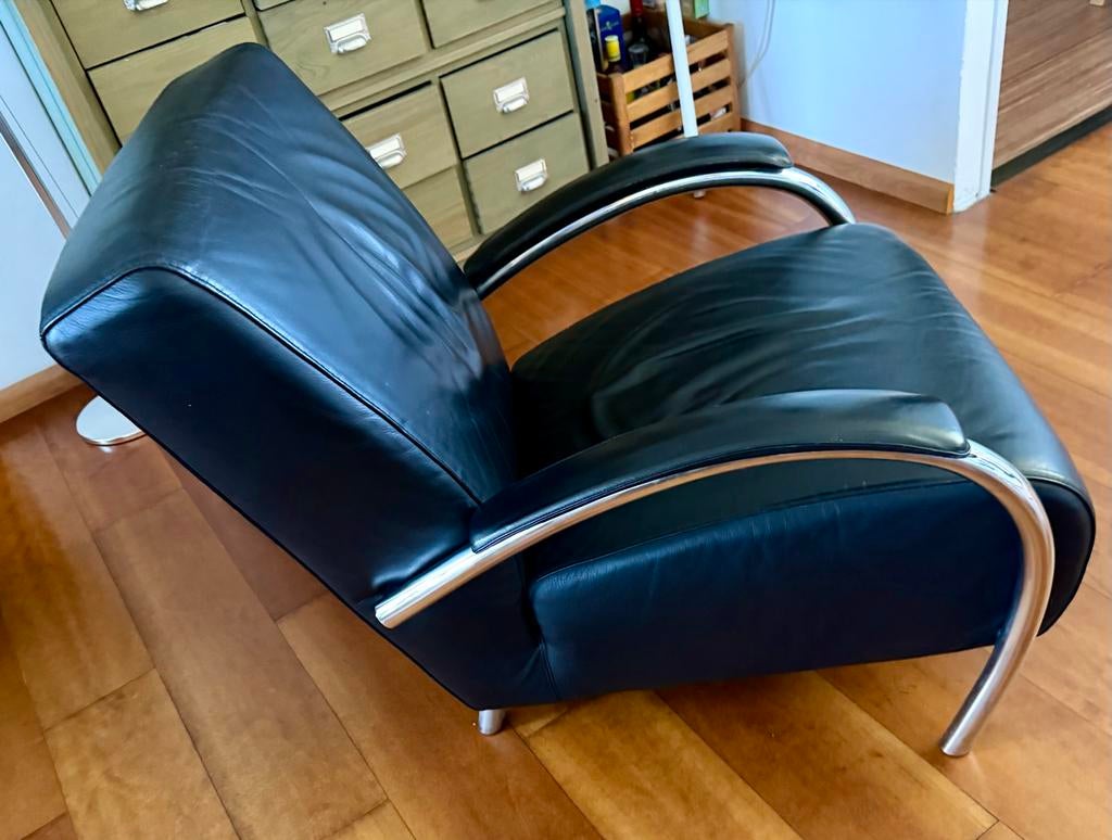 Zwartleren Molinari Fauteuil met Chromen Details, Ophalen, Gebruikt, Leer, 75 tot 100 cm