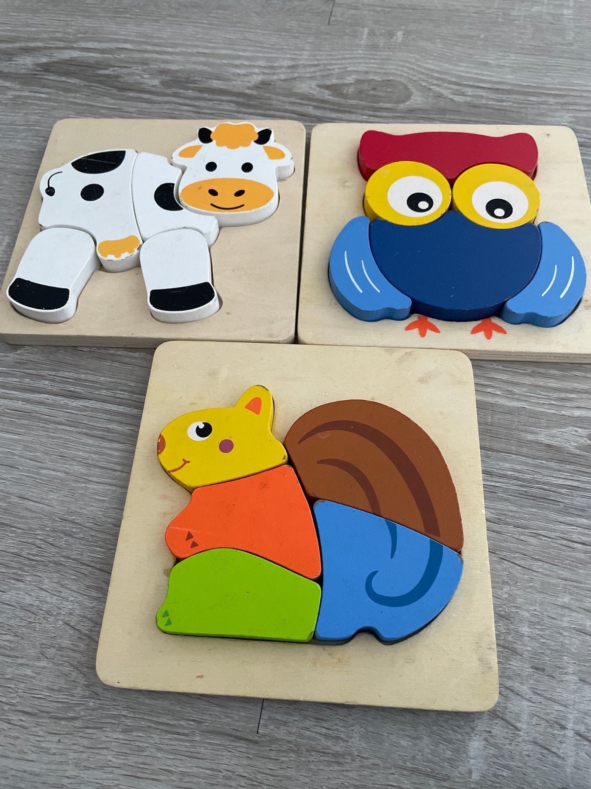 Houten Dieren Puzzels: Koe, Uil en Eekhoorn, Ophalen of Verzenden, Gebruikt, Overige typen