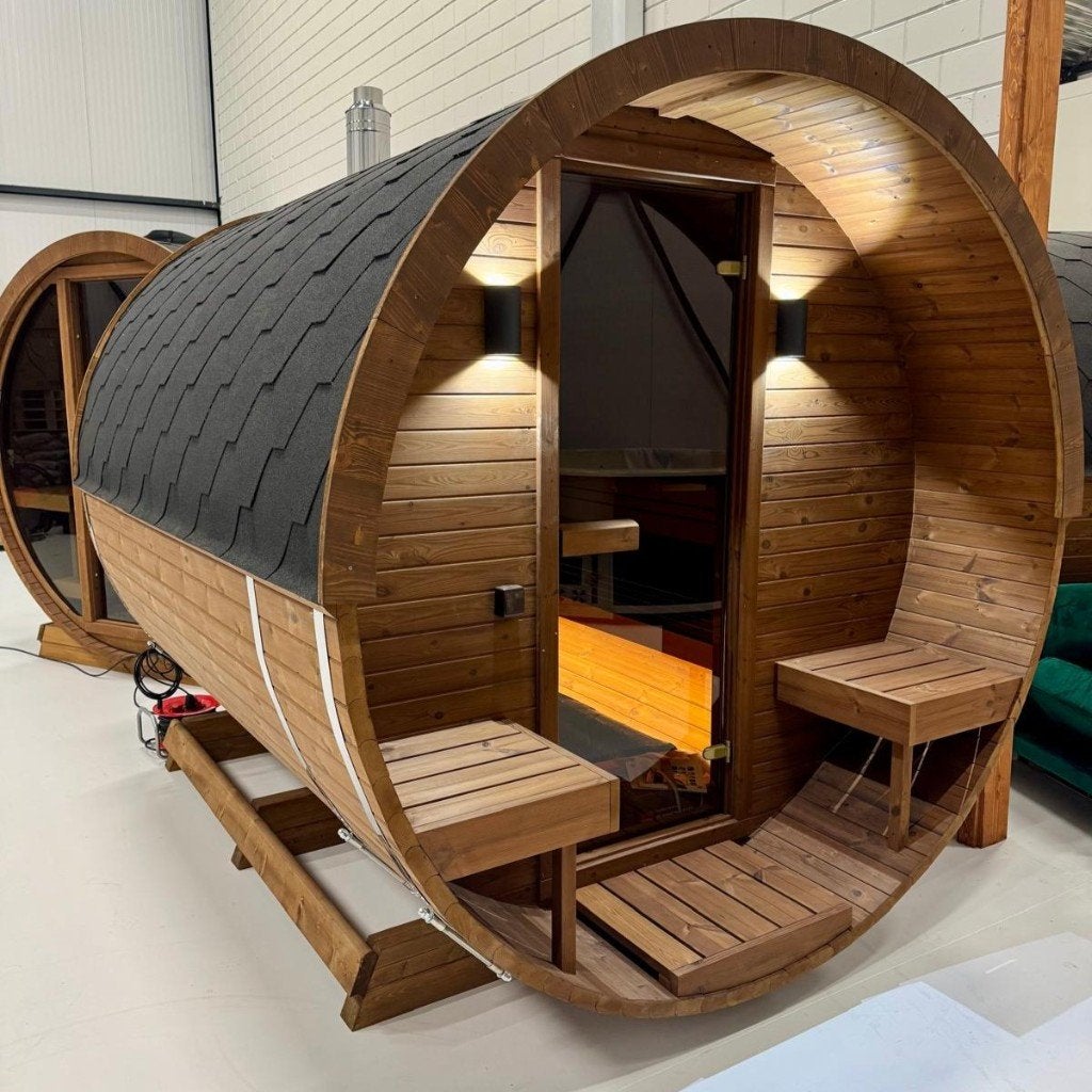 Houtgestookte Buitensauna Q-Barrel 2.80m | Sauna Qrest, Ophalen of Verzenden, Nieuw, Fins of Traditioneel, Complete sauna