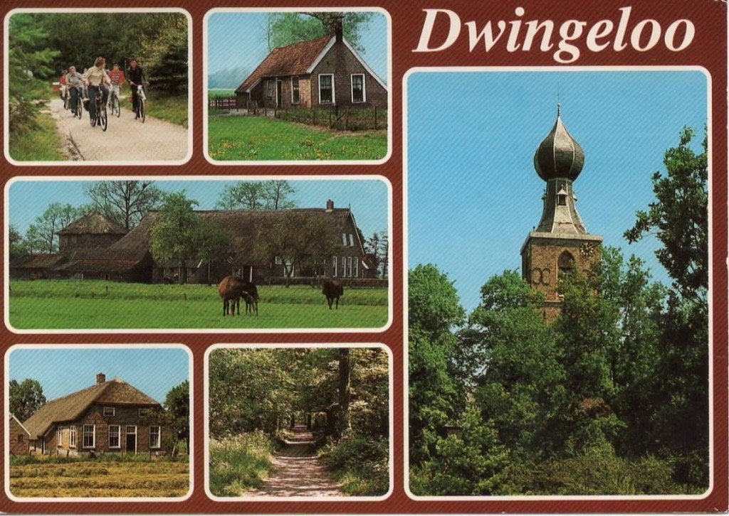 Ansichtkaart Dwingeloo, 6-luik, kerk, recreatie, paarden, Ophalen of Verzenden, 1980 tot heden, Gelopen, Drenthe