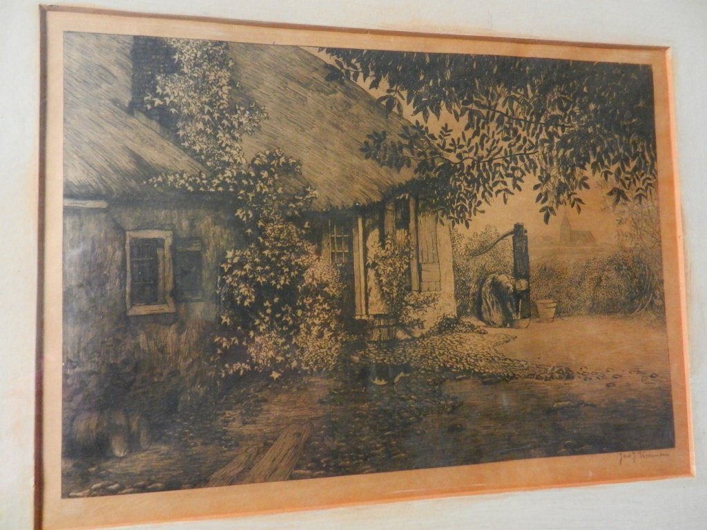 Ets Boerderij met erf en boerin Jac. Koeman 18,8 x 27,4 cm, Antiek en Kunst, Gesigneerd, Ets, 19 cm, Ophalen of Verzenden