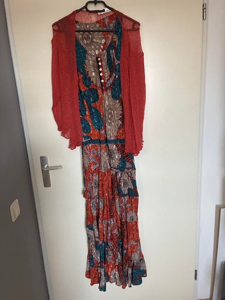 Boho Maxi Jurk met Vest - Bloemenprint & Hippie Stijl, Oranje, Zo goed als nieuw, Onder de knie, Ophalen