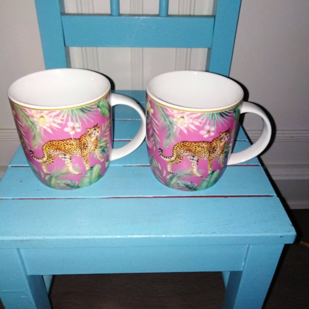 Mokken met panter print Siaki 2 stuks, Ophalen, Gebruikt, Mok, Overige stijlen